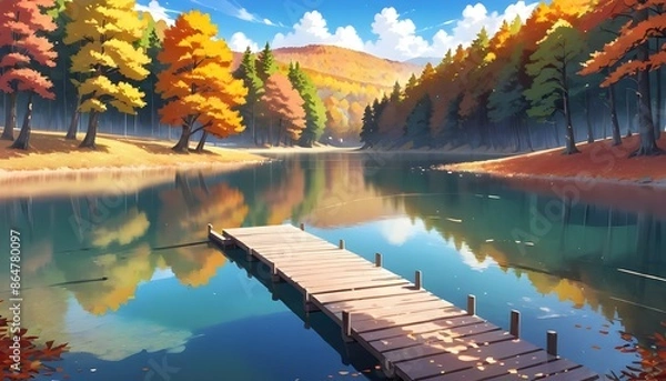 Fototapeta Serene lake with a wooden jetty surrounded by Autumn tree. Anime style illustration Generated by ai