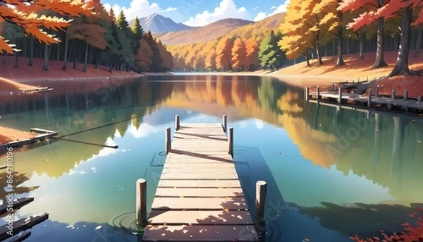 Fototapeta Serene lake with a wooden jetty surrounded by Autumn tree. Anime style illustration Generated by ai