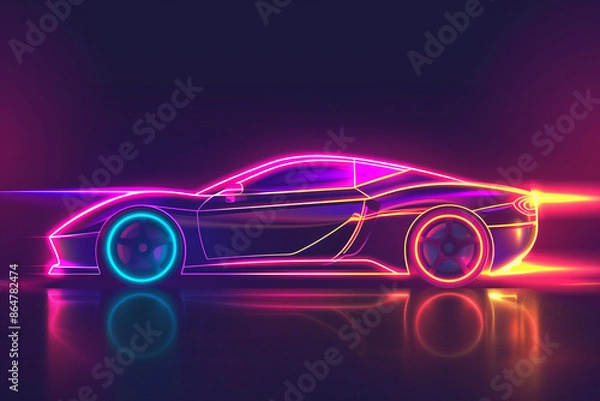 Fototapeta Side view neon glowing sport car silhouette. Abstract modern styled vector illustration