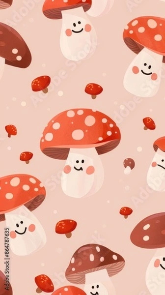Fototapeta A light pink background with a pattern of cute, smiling mushrooms