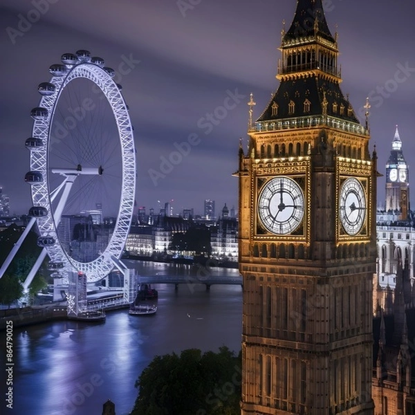 Obraz A stunning high-definition photograph capturing the essence of the United Kingdom. The image features the iconic Big Ben clock t ower, the London Eye, and the River
