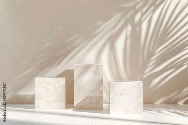 Fototapeta White marble podiums with a backdrop for product display or presentation mockup 