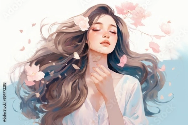 Fototapeta Beautiful girl with flowers in her hair, fashionable illustration, isolated background, watercolor painting. 
