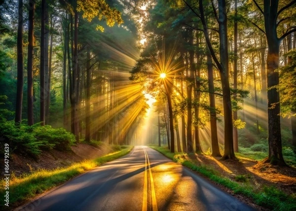 Obraz Golden sun rays illuminate a tranquil forest road at dawn, casting dappled shadows on the asphalt, surrounded by tall trees, evoking a sense of adventure and serenity.