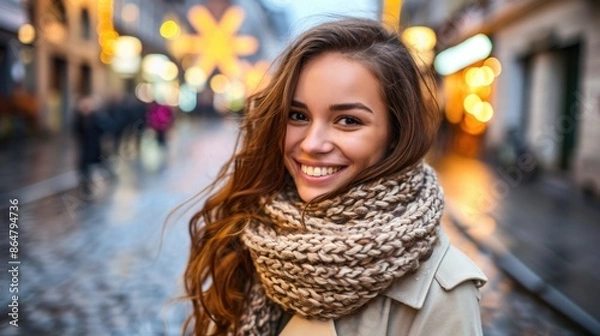 Fototapeta A woman with long brown hair is smiling and wearing a scarf. She is standing on a wet street in the rain