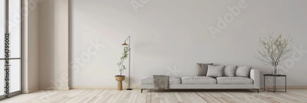 Fototapeta Apartment room with a minimalist interiors composition with minimal furniture or arrangements and copy space for text. Premium residential Real Estate concept image.