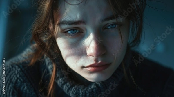 Fototapeta A woman with blue eyes and a sad expression. She is wearing a sweater and has her hair in a ponytail