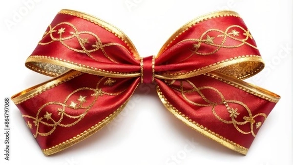 Fototapeta Delicate red satin ribbon curled into a perfect bow, adorned with festive gold accents, against a crisp white background, symbolizing luxury and elegance.