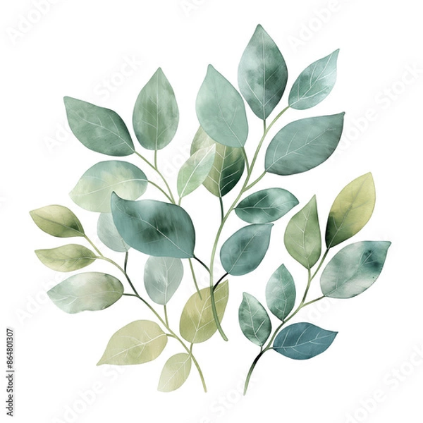 Obraz Watercolor Green and Blue Botanical Leaves on White Background   Minimalist Nature Art