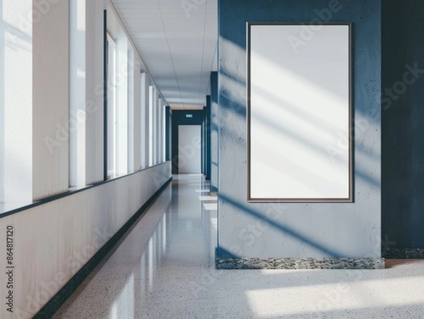 Fototapeta Empty poster frame mockup in a university campus corridor