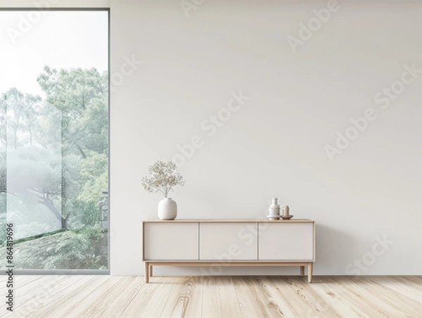 Fototapeta Elegant luxury interiors composition with a stylish sideboard next to a window providing natural lighting and minimal or no furniture. Premium residential Real Estate advertising.