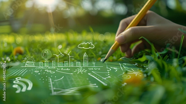 Fototapeta Hand-painted green energy symbols on lush grass convey sustainable business practices, green tech innovations, and eco-friendly workspaces