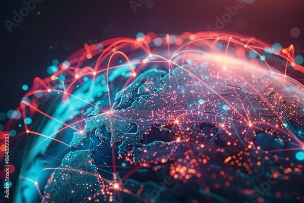 Fototapeta Stunning 8k stock photo of a India, America map with glowing network connections. Ideal for business, cyber technology, IoT concepts, and cityscape data transfer themes.