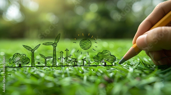 Fototapeta Hand-painted green energy symbols on lush grass convey sustainable business practices, green tech innovations, and eco-friendly workspaces