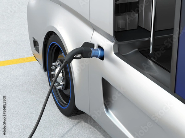 Fototapeta Close-up view of Fuel Cell Truck refueling in Hydrogen Station. 3D rendering image.