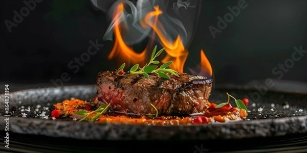 Fototapeta Flaming Grilled Beef Steak. Concept Grilling Tips, Steak Seasoning, Meat Doneness Levels, BBQ Techniques
