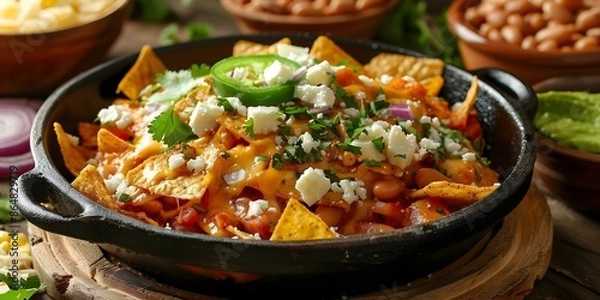 Obraz Vibrant Mexican Chilaquiles Served with Cilantro Cheese and Side of Beans. Concept Mexican cuisine, Chilaquiles, Cilantro, Cheese, Beans