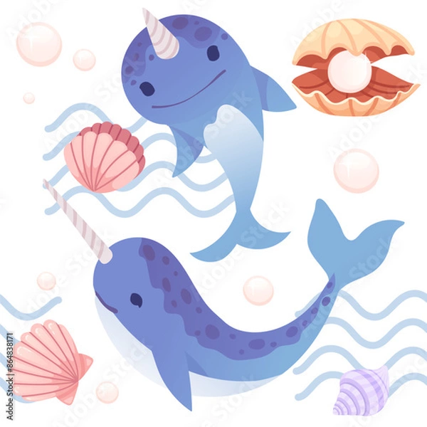 Fototapeta Cute blue narwhal with abstract waves on background and shells with pearl cartoon animal design vector illustration seamless pattern