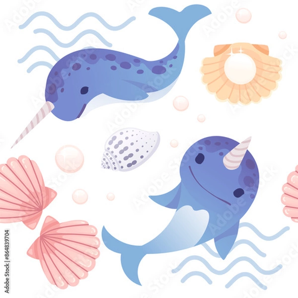 Fototapeta Cute blue narwhal with abstract waves on background and shells with pearl cartoon animal design vector illustration seamless pattern