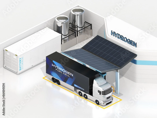 Fototapeta Isometric view of FCV truck refueling in Hydrogen Station. The station equipped with solar panels and Container Battery Storage system. 3D rendering image.