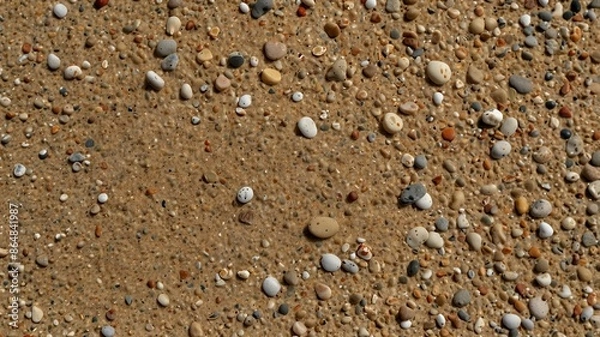 Fototapeta Close-Up of Sandy Beach with Colorful Pebbles and Shells in Natural Sunlight
