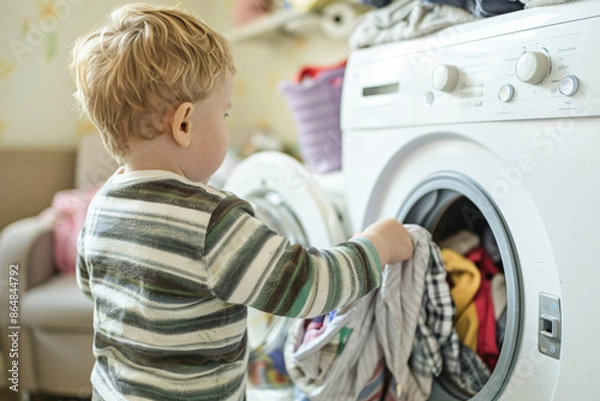 Fototapeta Child loading clothes into washing machine. Ideal for illustrating family life, teaching responsibility, and children helping with household chores. Montessori
