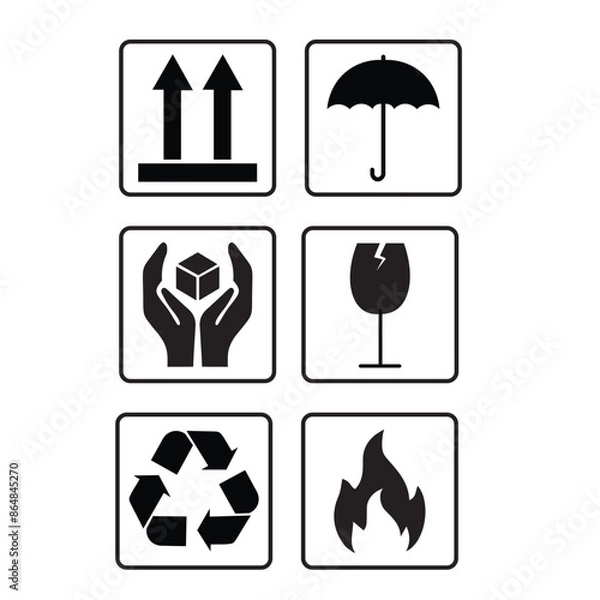 Fototapeta Common packaging & warning symbols with curved frame. Handle with care , Fragile , Recycling , This side up , Indoor use only , Flammable