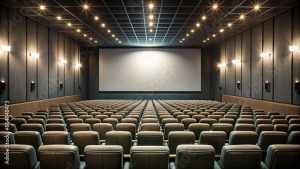 Obraz Dimly lit vacant theater with rows of empty seats facing a blank white screen awaiting cinematic entertainment experience