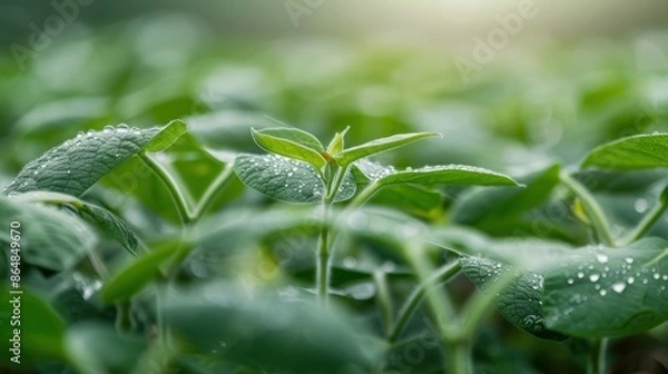 Obraz Close-up of fresh green leaves with dewdrops in a lush garden, showcasing the beauty and vitality of nature in the early morning light.