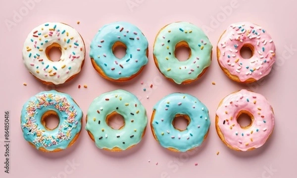 Fototapeta Close up of multiple donuts with assorted colors and sprinkles