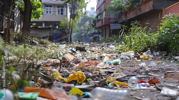 Fototapeta Garbage and litter scattered on an urban street with buildings and overgrown plants