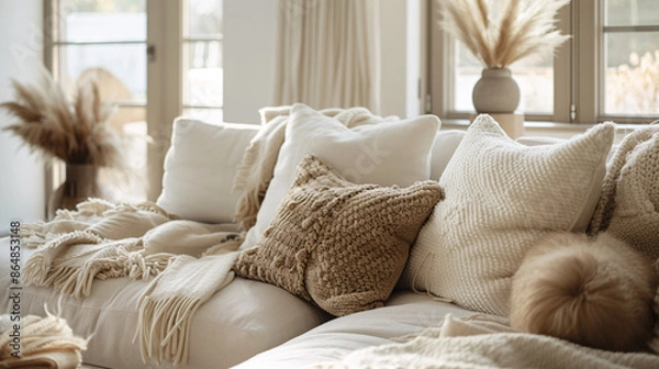 Obraz a couch with pillows and blankets