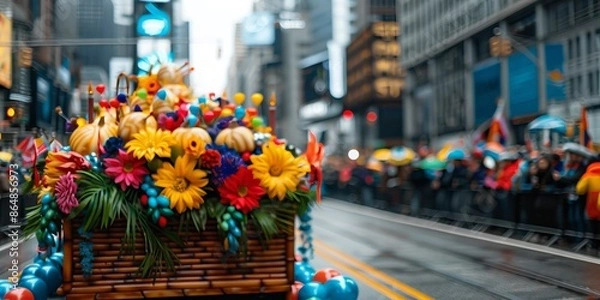 Fototapeta Colorful parade float adorned with vibrant flowers and decorations in a lively urban street setting, spectators in the background.