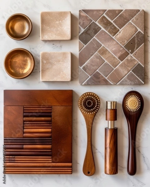 Fototapeta A flat lay of wooden utensils, textured tiles, and small bowls arranged neatly on a marble surface.