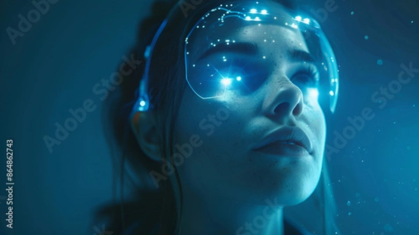 Fototapeta A woman with a futuristic head and glowing lights. Generative AI