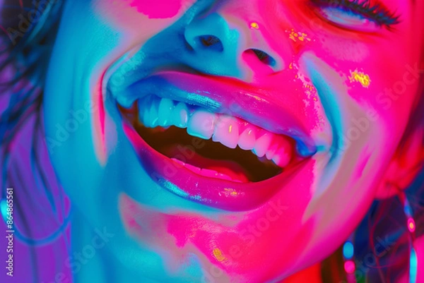 Obraz woman laughing , in the style of photo-realistic compositions, neon pop, close up, warmcore, emotive faces, photo-realistic hyperbole, in the style of magenta, contemporary candy-coated, high gloss, v