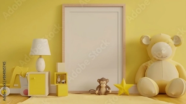 Fototapeta Interior design of child room interior with mock up poster frame plush monkey star wooden block toys yellow wall stylish lamp beige rug and personal accessories Home decor Template : Generative AI