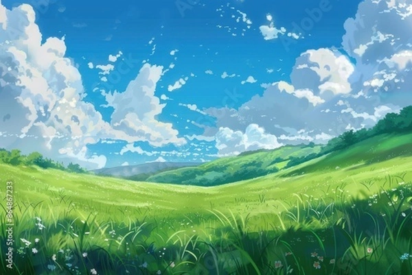 Fototapeta Beautiful landscape with rolling green hills and a blue sky with fluffy clouds. Perfect for backgrounds, desktop wallpaper, or digital art projects.