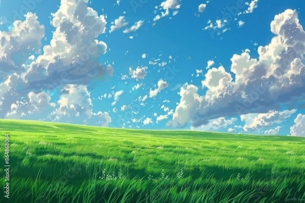 Fototapeta Peaceful green grass field under a blue sky with fluffy white clouds.  Beautiful nature scene with green meadow and bright sky.  Digital art landscape for background or desktop.