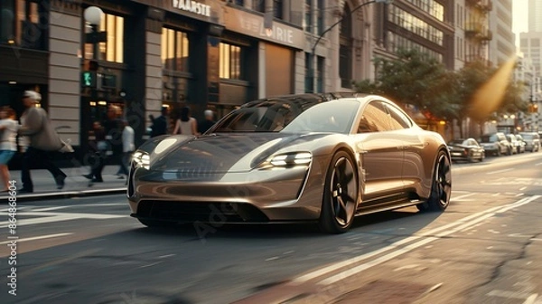 Fototapeta A sleek and modern advertisement for a new electric car, featuring seamless transitions between the car driving through different environments, from city streets to open highways, highlighting its