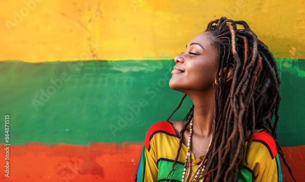 Fototapeta A reggae woman with dreadlocks is smiling and looking at the camera