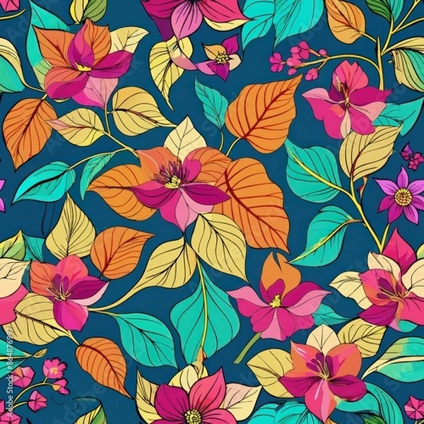 Fototapeta seamless pattern of colorful batik bougainvillea, Generative AI