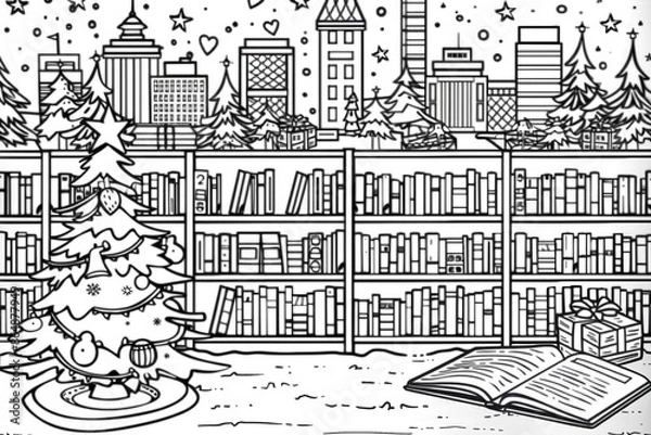 Fototapeta Cartoon city library with a Christmas story time, outlined for coloring, on a white background.