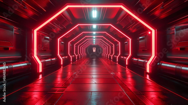 Fototapeta Ai Corridor Tunnel Red Dark Hall Reflective Neon Glowing. Generative AI