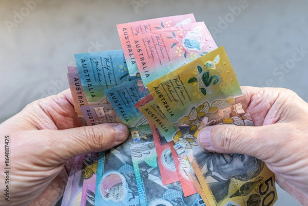 Fototapeta Close-up of a man counting Australian dollars banknotes on his hands, against plain background.
