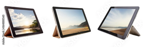 Fototapeta Electronic tablet with landscape on screen isolated on transparent background