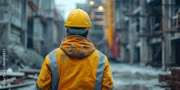 Fototapeta Construction worker in helmet inspecting work at site with no one in sight. Concept Construction, Worker, Helmet, Inspection, Site