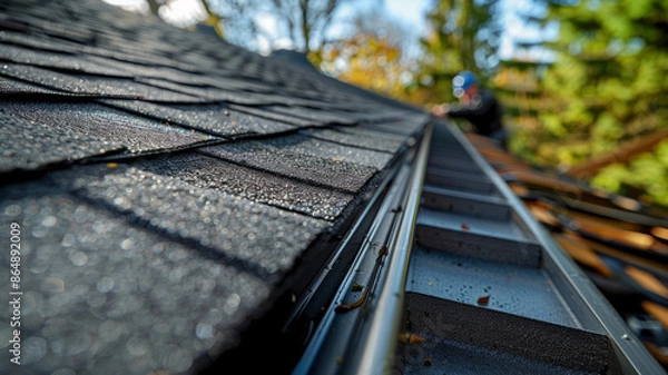 Obraz Close-up view of a roof with shingles and a gutter system, person in background.
