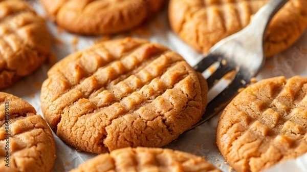 Obraz A closeup of homemade peanut butter cookies with fork marks, set against a bright, summery background