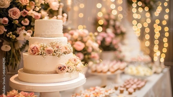 Obraz A stylish dessert table featuring an elegant wedding cake with floral decorations, set against a romantic, softly lit background